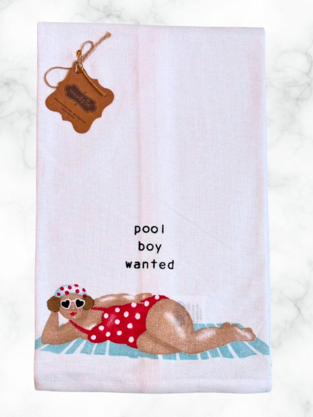 NWT | Mud Pie "Pool Boy Wanted" Retro Novelty Hand Towel | Poolside Pin-Up